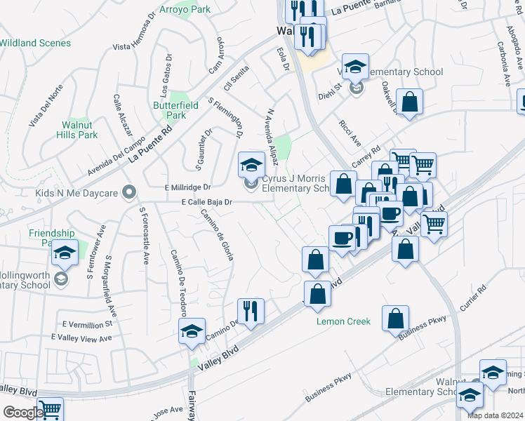 map of restaurants, bars, coffee shops, grocery stores, and more near 324 Avenida Esplendor in Walnut