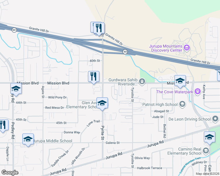 map of restaurants, bars, coffee shops, grocery stores, and more near in Jurupa Valley