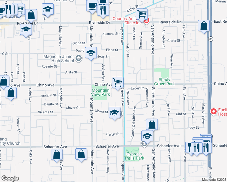 map of restaurants, bars, coffee shops, grocery stores, and more near 13343 Barcelona Place in Chino