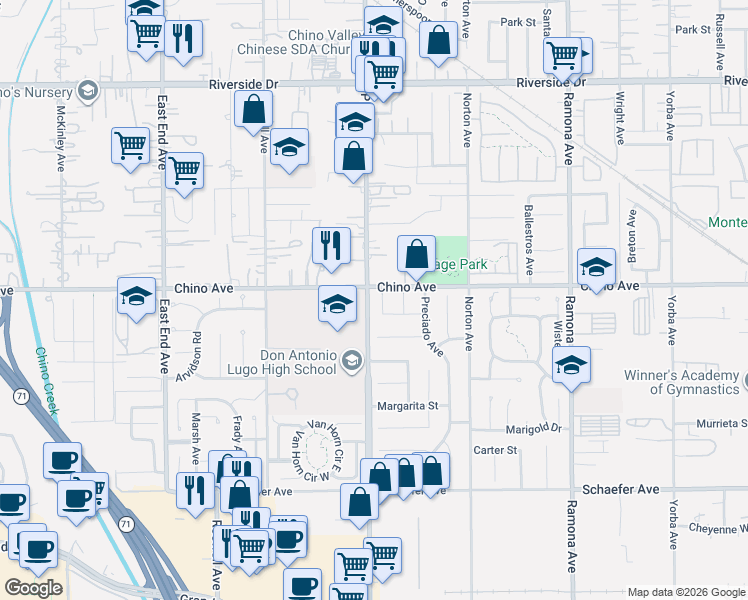map of restaurants, bars, coffee shops, grocery stores, and more near 13348 San Martin Place in Chino