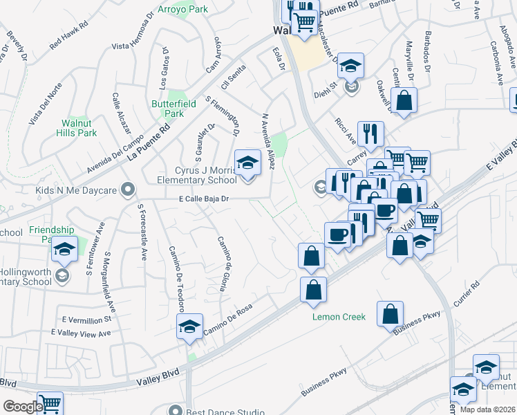 map of restaurants, bars, coffee shops, grocery stores, and more near 334 Avenida Esplendor in Walnut