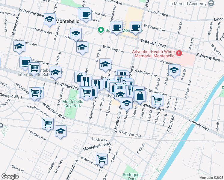 map of restaurants, bars, coffee shops, grocery stores, and more near 113 North Spruce Street in Montebello