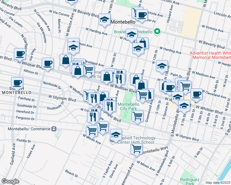 map of restaurants, bars, coffee shops, grocery stores, and more near 122 California Avenue in Montebello