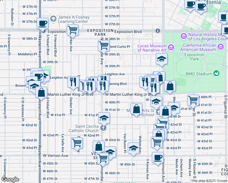 map of restaurants, bars, coffee shops, grocery stores, and more near 1321 West Martin Luther King Junior Boulevard in Los Angeles