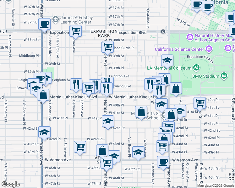 map of restaurants, bars, coffee shops, grocery stores, and more near 1321 West Martin Luther King Junior Boulevard in Los Angeles