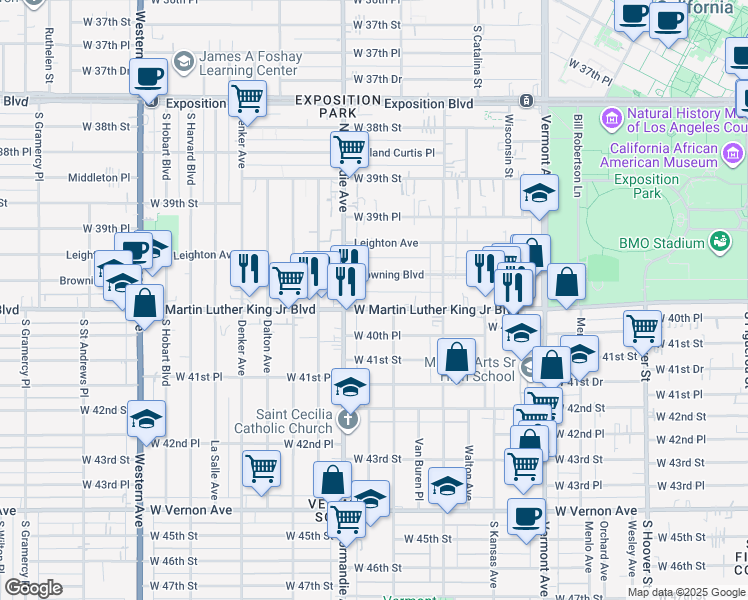 map of restaurants, bars, coffee shops, grocery stores, and more near 1321 West Martin Luther King Junior Boulevard in Los Angeles