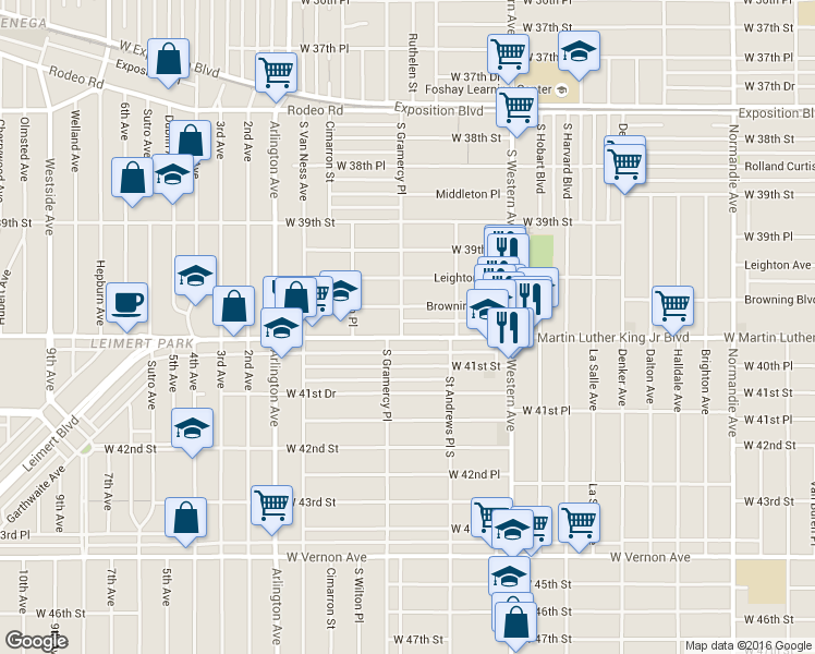 map of restaurants, bars, coffee shops, grocery stores, and more near 1839 West Martin Luther King Junior Boulevard in Los Angeles