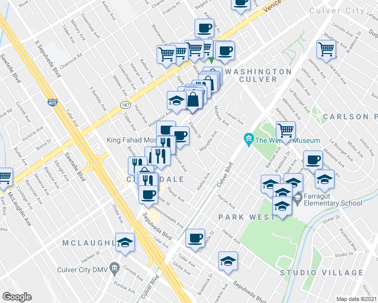 map of restaurants, bars, coffee shops, grocery stores, and more near 4101 Charles Avenue in Culver City