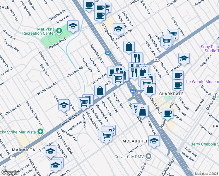 map of restaurants, bars, coffee shops, grocery stores, and more near 11314 California 187 in Los Angeles