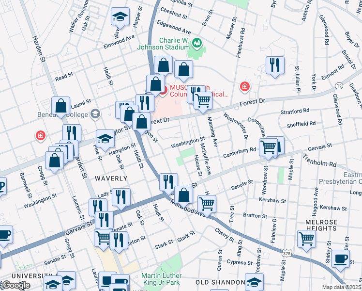 map of restaurants, bars, coffee shops, grocery stores, and more near 2436 Washington Street in Columbia