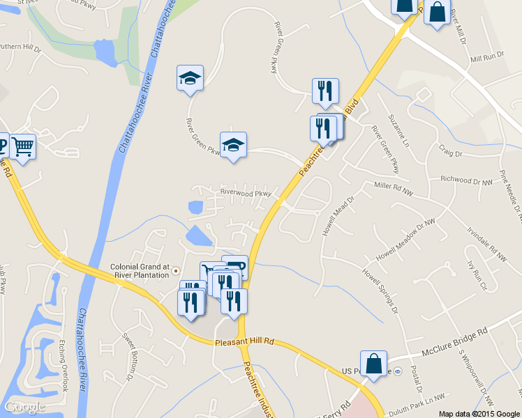 map of restaurants, bars, coffee shops, grocery stores, and more near 3498 Tulip Tree Lane in Duluth