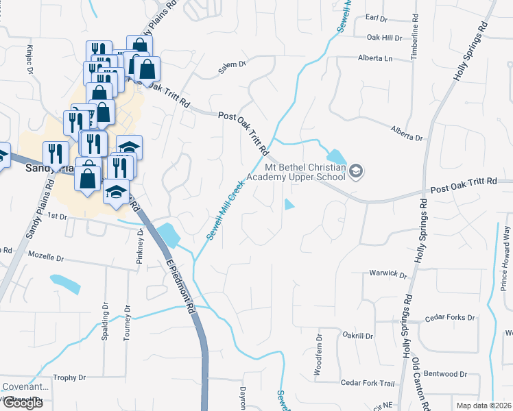 map of restaurants, bars, coffee shops, grocery stores, and more near 2572 Oak Village Place Northeast in Marietta