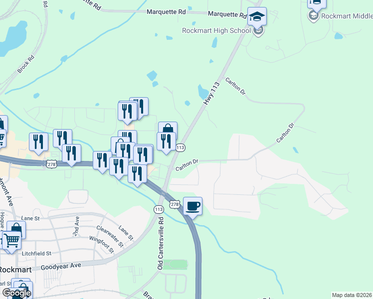 map of restaurants, bars, coffee shops, grocery stores, and more near 802 Cartersville Highway in Rockmart
