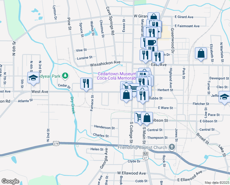 map of restaurants, bars, coffee shops, grocery stores, and more near 321/d West Avenue in Cedartown