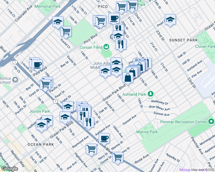 map of restaurants, bars, coffee shops, grocery stores, and more near 1345 Maple Street in Santa Monica