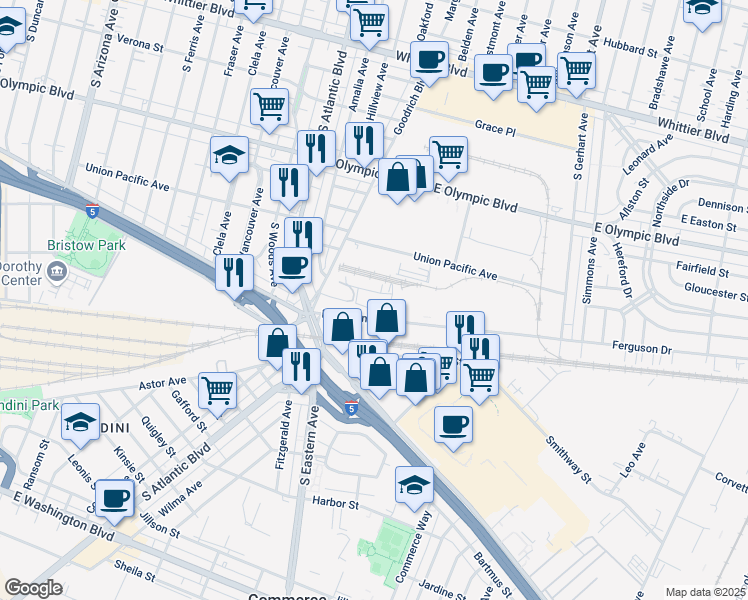 map of restaurants, bars, coffee shops, grocery stores, and more near 5469 Ferguson Dr in Commerce
