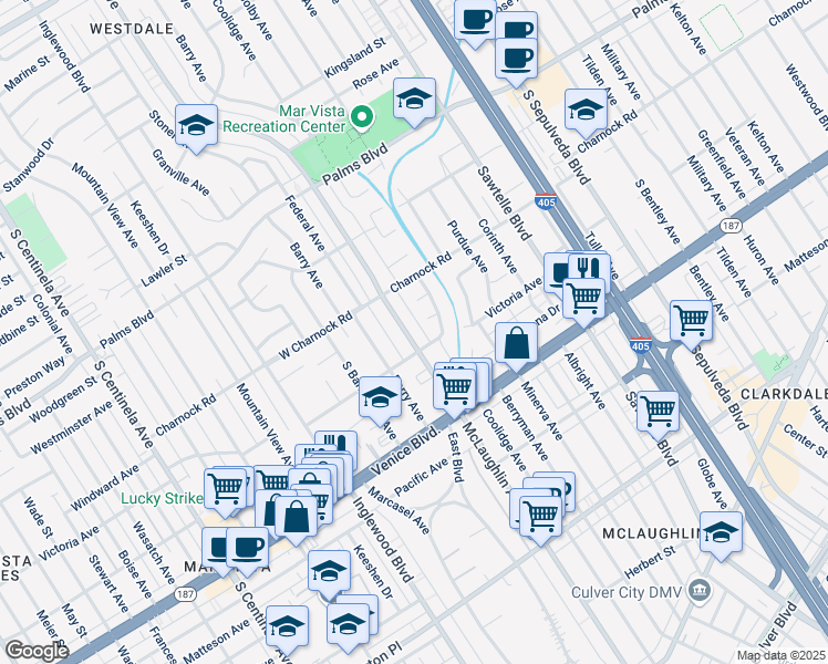 map of restaurants, bars, coffee shops, grocery stores, and more near 3652 McLaughlin Avenue in Los Angeles
