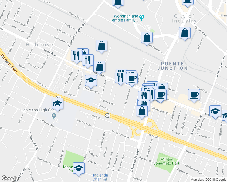 map of restaurants, bars, coffee shops, grocery stores, and more near 1142 Dunswell Avenue in Hacienda Heights