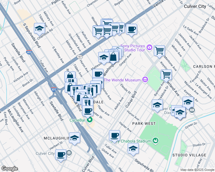map of restaurants, bars, coffee shops, grocery stores, and more near 10950 West Washington Boulevard in Culver City