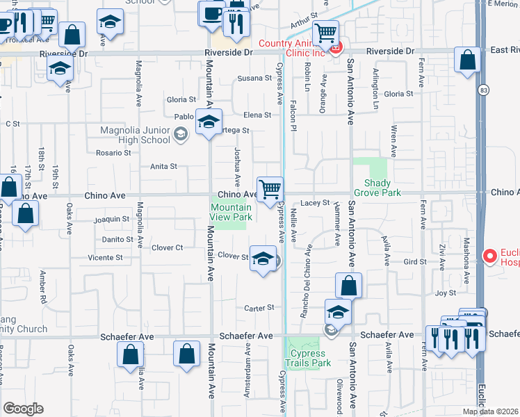 map of restaurants, bars, coffee shops, grocery stores, and more near 13343 Barcelona Place in Chino