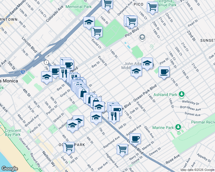 map of restaurants, bars, coffee shops, grocery stores, and more near 1101 Cedar Street in Santa Monica