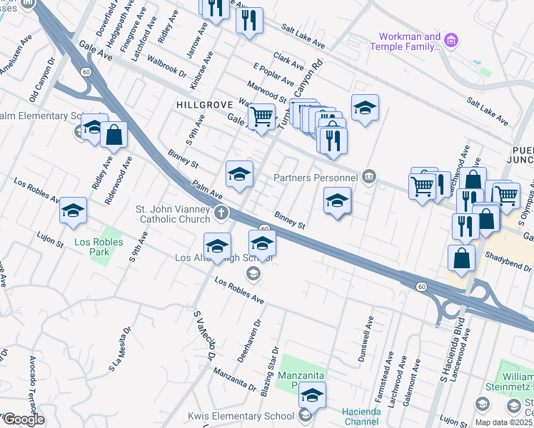map of restaurants, bars, coffee shops, grocery stores, and more near 15240 Binney Street in Hacienda Heights