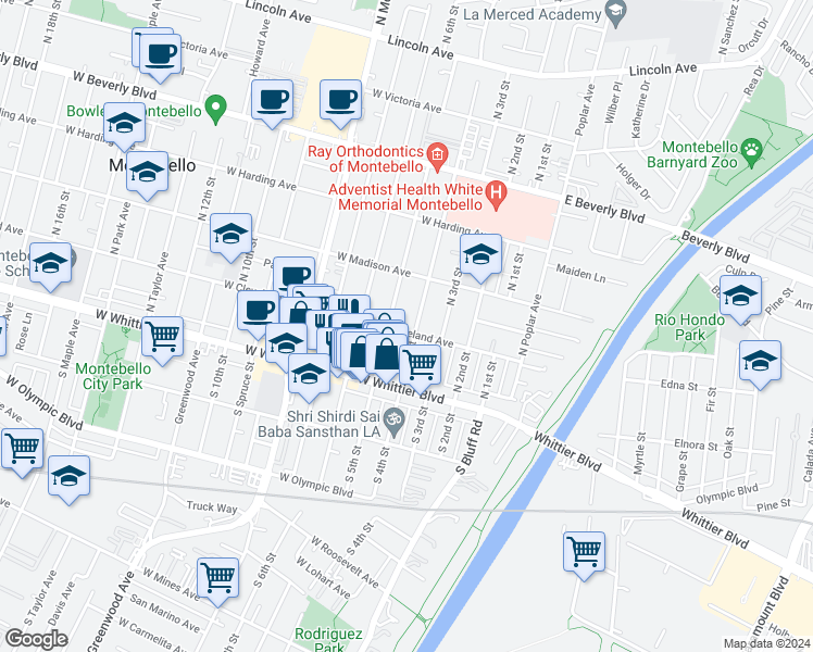map of restaurants, bars, coffee shops, grocery stores, and more near 404 West Cleveland Avenue in Montebello