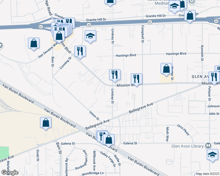 map of restaurants, bars, coffee shops, grocery stores, and more near 9802 Mission Boulevard in Riverside