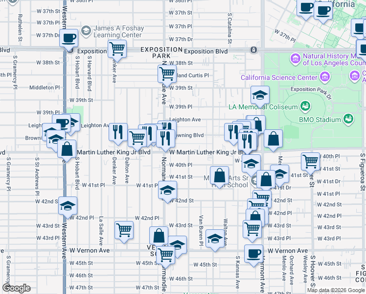 map of restaurants, bars, coffee shops, grocery stores, and more near 1321 West Martin Luther King Junior Boulevard in Los Angeles