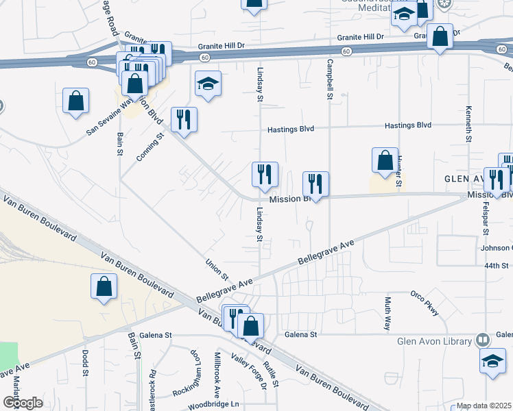 map of restaurants, bars, coffee shops, grocery stores, and more near 9802 Mission Boulevard in Riverside