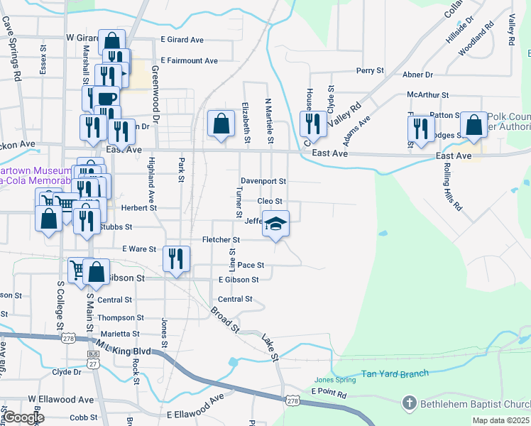 map of restaurants, bars, coffee shops, grocery stores, and more near 238 South Martiele Street in Cedartown
