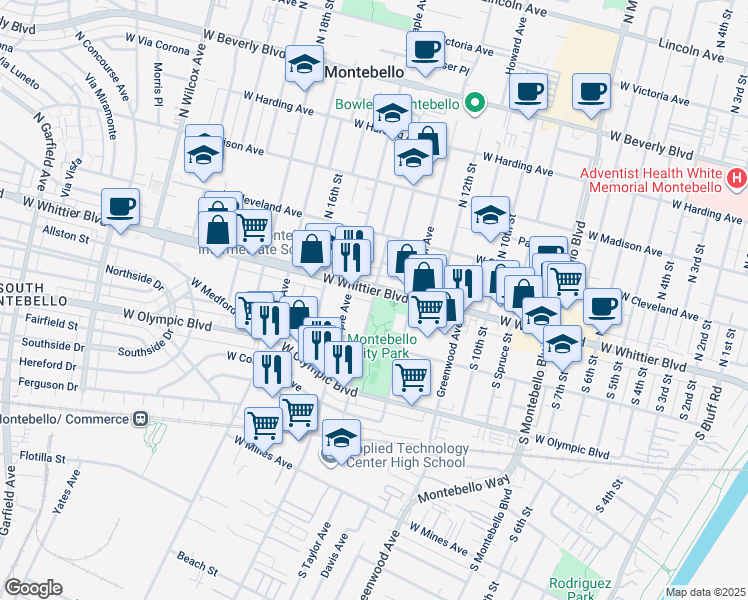 map of restaurants, bars, coffee shops, grocery stores, and more near 117 S Park Ave in Montebello