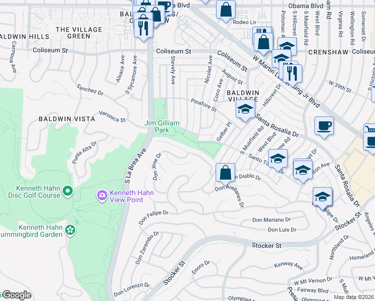 map of restaurants, bars, coffee shops, grocery stores, and more near 4553 Don Ricardo Drive in Los Angeles