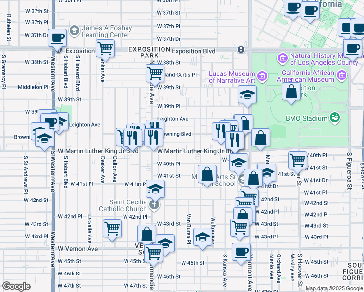 map of restaurants, bars, coffee shops, grocery stores, and more near 1245 West Martin Luther King Junior Boulevard in Los Angeles