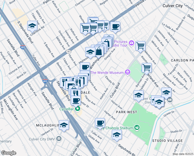 map of restaurants, bars, coffee shops, grocery stores, and more near in Culver City