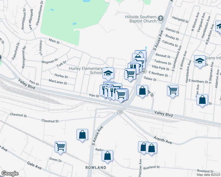 map of restaurants, bars, coffee shops, grocery stores, and more near 620 Dora Guzman Avenue in La Puente