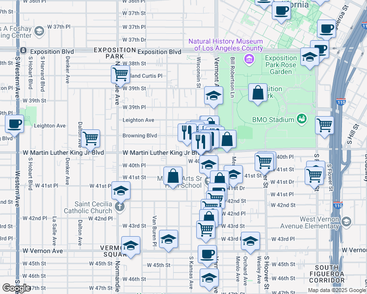 map of restaurants, bars, coffee shops, grocery stores, and more near 1107 West Martin Luther King Junior Boulevard in Los Angeles