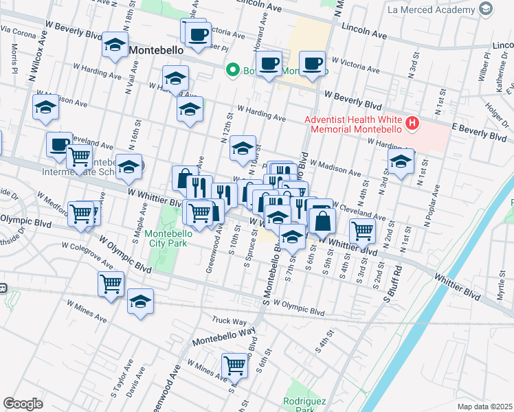 map of restaurants, bars, coffee shops, grocery stores, and more near 121 North Spruce Street in Montebello