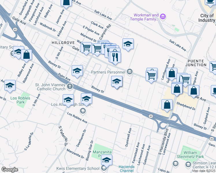 map of restaurants, bars, coffee shops, grocery stores, and more near 1230 Stovall Avenue in La Puente