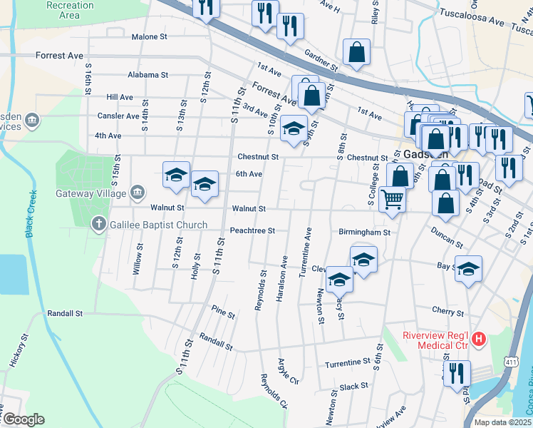 map of restaurants, bars, coffee shops, grocery stores, and more near 922 Walnut Street in Gadsden