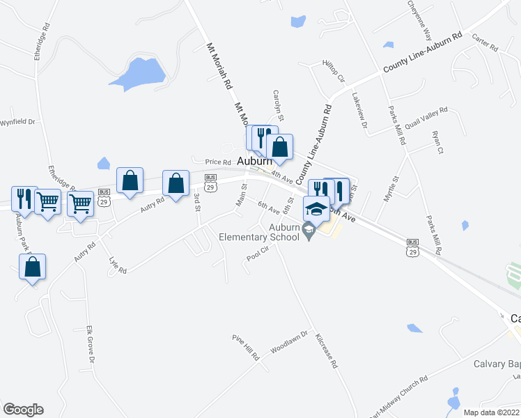 map of restaurants, bars, coffee shops, grocery stores, and more near 1378 6th Avenue in Auburn