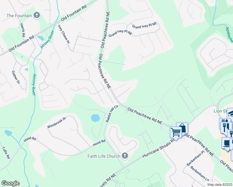 map of restaurants, bars, coffee shops, grocery stores, and more near 2940 Old Peachtree Road Northeast in Dacula