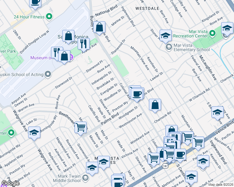 map of restaurants, bars, coffee shops, grocery stores, and more near 12530 Woodbine Street in Los Angeles