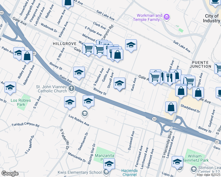 map of restaurants, bars, coffee shops, grocery stores, and more near 1230 Stovall Avenue in La Puente