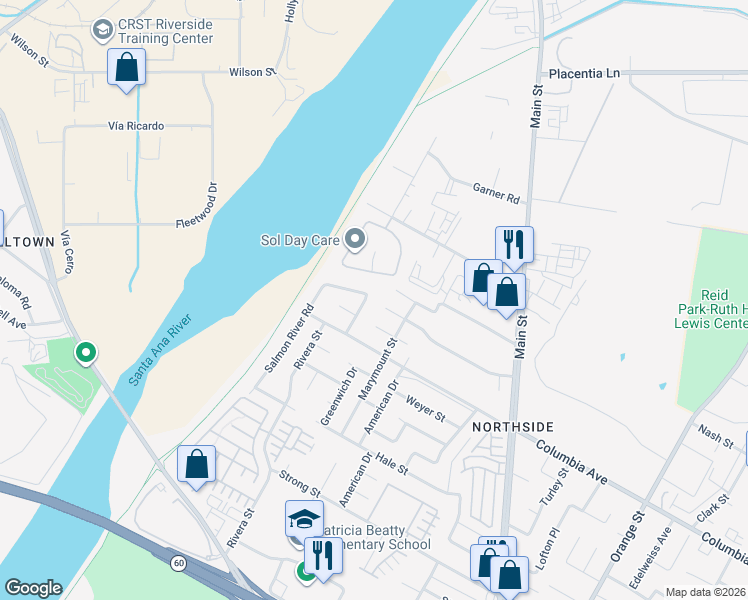 map of restaurants, bars, coffee shops, grocery stores, and more near 1116 Cloverdale Street in Riverside