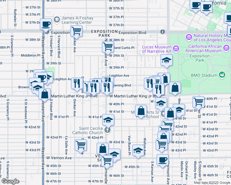 map of restaurants, bars, coffee shops, grocery stores, and more near 1321 West Martin Luther King Junior Boulevard in Los Angeles