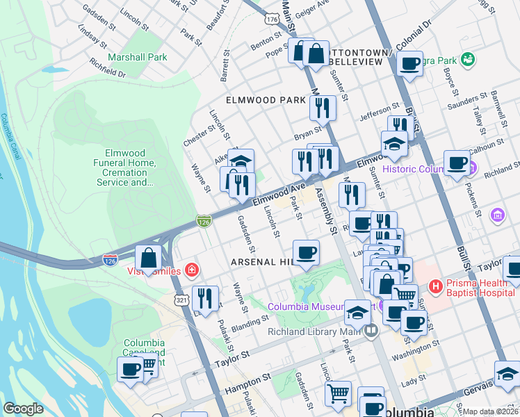 map of restaurants, bars, coffee shops, grocery stores, and more near 818 Elmwood Avenue in Columbia
