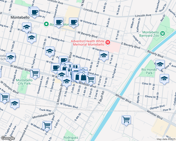map of restaurants, bars, coffee shops, grocery stores, and more near 404 West Cleveland Avenue in Montebello
