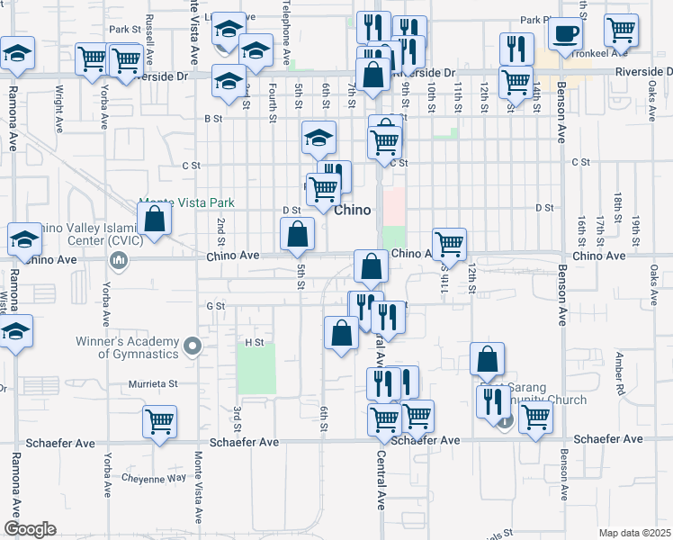 map of restaurants, bars, coffee shops, grocery stores, and more near 42 F Street in Chino