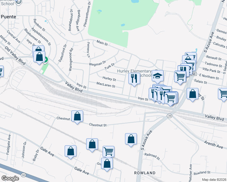 map of restaurants, bars, coffee shops, grocery stores, and more near 16936 Inyo Street in La Puente